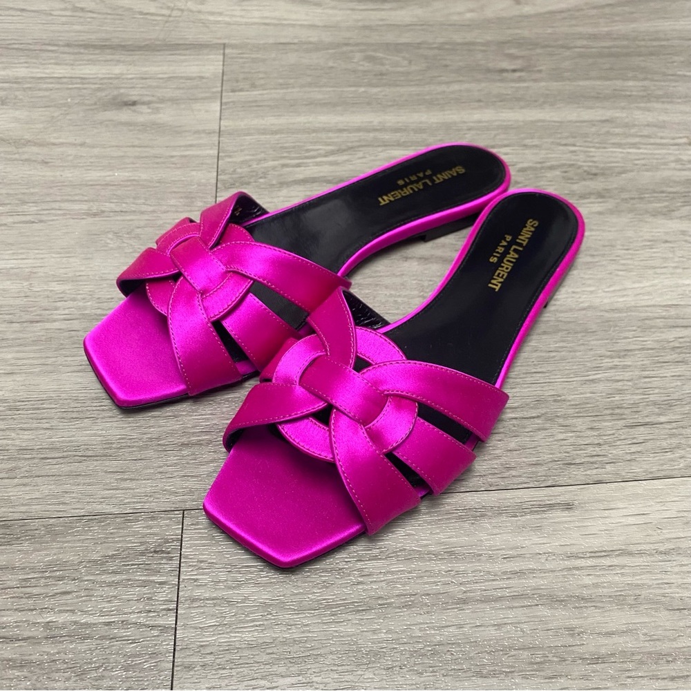 RARE Like New Saint Laurent Fuchsia Satin Nu Pieds Slide Sandals size 37.5 - Picture 3 of 9